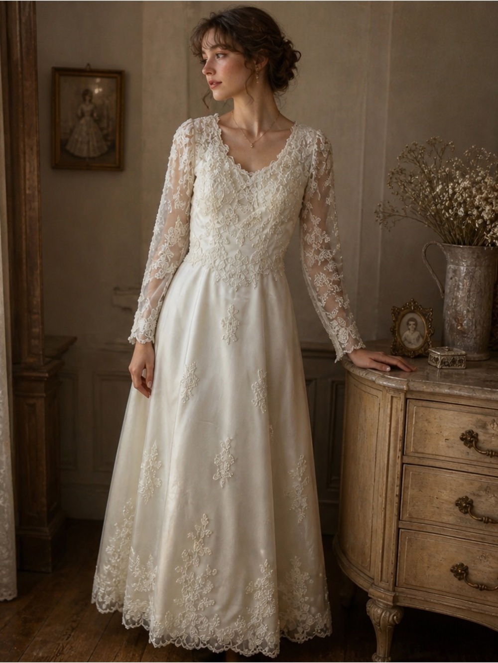 “A1” Bridal Originals Ivory Lace Long-Sleeve A-Line Wedding Dress